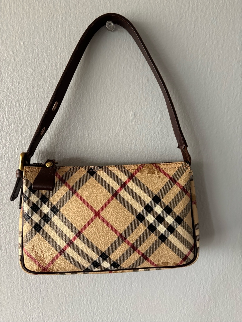 Burberry Tan Beige Check Shoulder Bag with Brown Strap